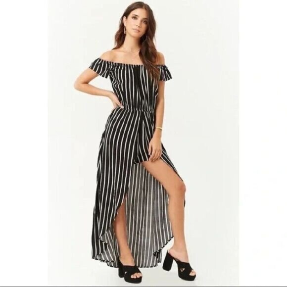 Ambiance Women's Striped Off the‎ Shoulder Maxi Romper Wrap Dress - Picture 1 of 7